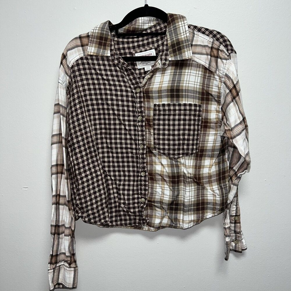 American Eagle Brown Cream Plaid Cropped Cotton Casual Flannel Shirt Size S